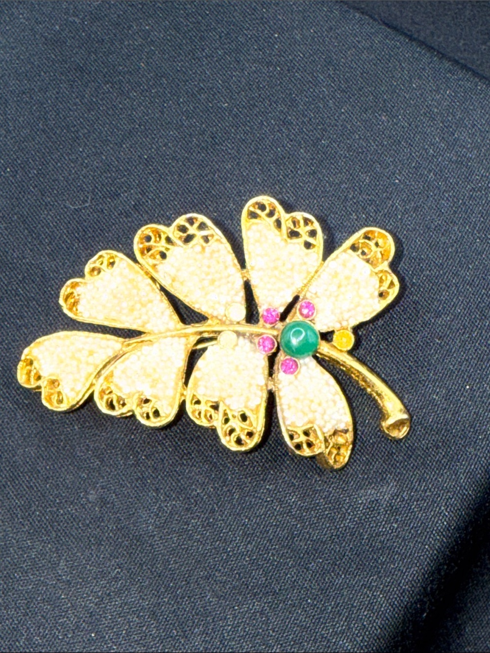 Gold Leaf Brooch with Green and Pink Accents - Women's Jewelry